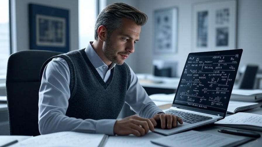 Modern researcher working on a laptop with mathematical formulas, surrounded by books and modern art, illuminated by natural light in a sleek office