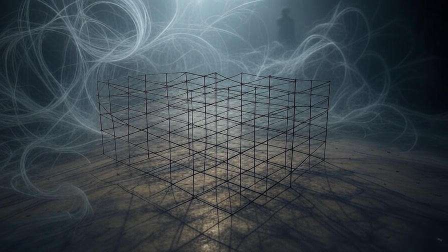 Abstract scene with swirling ethereal patterns and geometric grid fading into chaotic lines, moody dark environment with a faint figure silhouette.