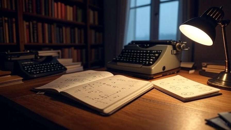 Cozy study with a wooden desk, notebook of equations and sketches, vintage typewriter, and classic books under warm lamp light