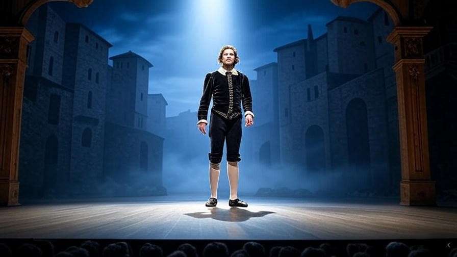 Elizabethan actor as Chorus on stage delivering Romeo and Juliet prologue in misty Verona setting
