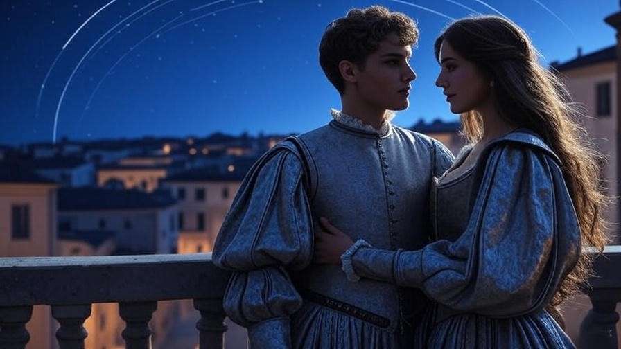 Romeo and Juliet on balcony under starry sky with celestial fate arc