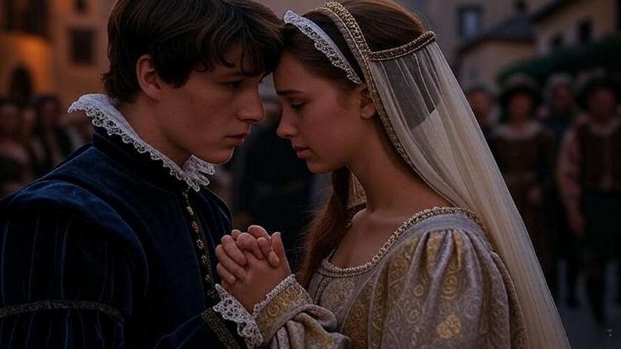 Close-up of Romeo and Juliet holding hands with sorrowful expressions amid feuding crowd