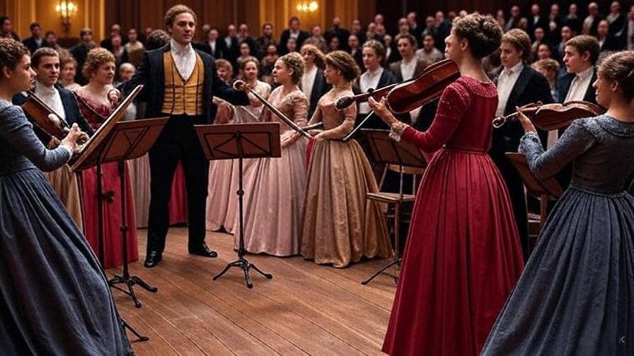 Historical orchestra performing Tchaikovsky’s Romeo and Juliet Fantasy Overture in a grand concert hall
