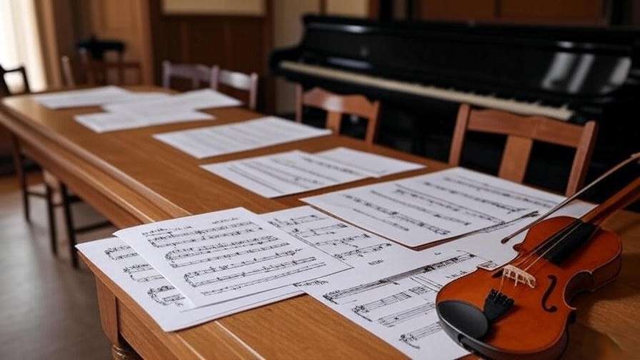 Assorted Romeo and Juliet sheet music scores on a table with musical instruments