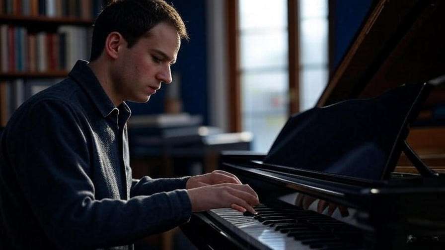 Musician practicing Romeo and Juliet piano sheet music in a cozy room.