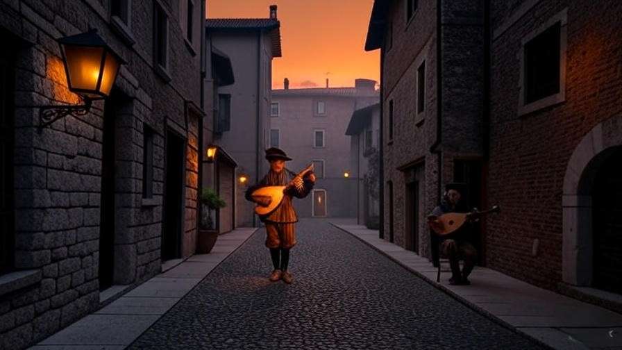 Renaissance Verona street scene with a musician and ancient buildings.