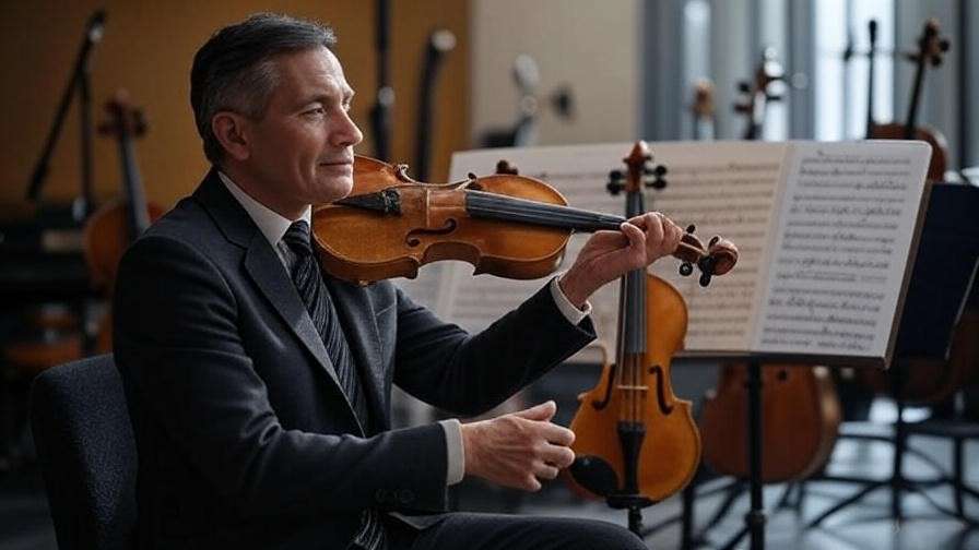 Professional musician interviewed with violin and Romeo and Juliet sheet music