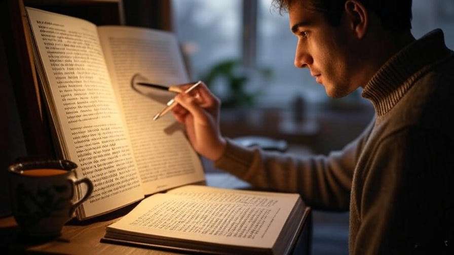 Reader using pen to guide eyes on Shakespeare play in a cozy reading nook with tea