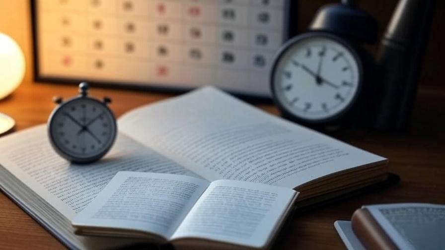 Stopwatch and notebook with Shakespeare play on desk with calendar background.