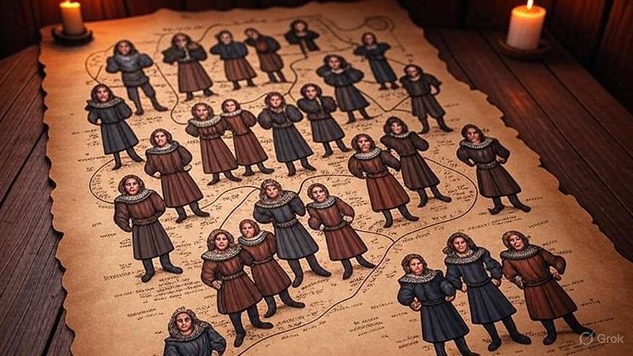 Parchment character map with quills and ink for Shakespeare play on rustic wood