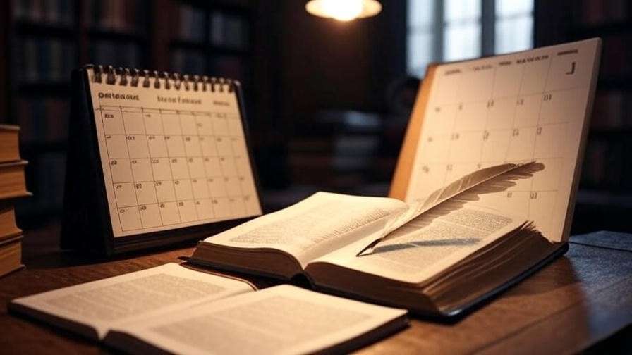 Calendar with reading goals, Shakespeare book, and quill on desk with library background
