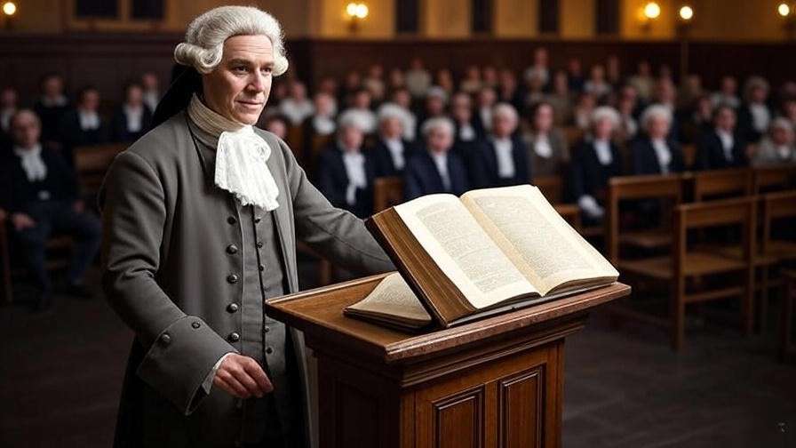 Scholar in period attire lecturing with Shakespeare book and attentive audience.