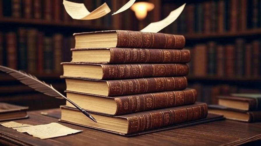 Stack of Shakespeare books with quill and floating parchment questions in library.