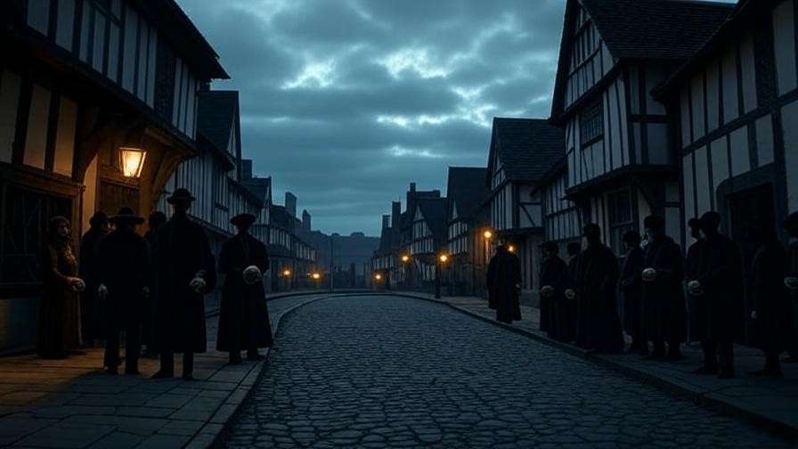 Elizabethan street scene with figures holding memento mori objects under a cloudy sky, symbolizing mortality in Shakespeare's era