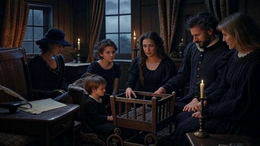 Melancholic Elizabethan home interior with a mourning family around a cradle, symbolizing Shakespeare’s personal loss.