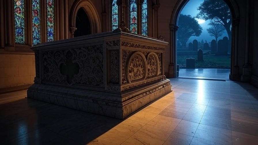 Nighttime church interior with Shakespeare’s ornate tomb, illuminated by stained glass light