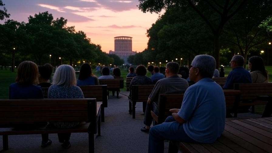 Twilight park scene with diverse people and an Elizabethan theater silhouette, symbolizing universal mortality themes.