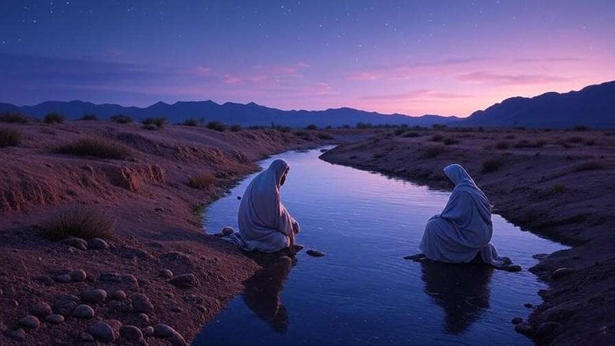 Photorealistic desert landscape at twilight with a lone figure kneeling by a stream, under a starry sky with distant mountains, evoking spiritual longing.