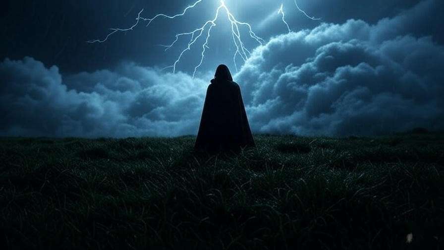 Photorealistic stormy heath at night with a cloaked figure standing against lightning and swirling clouds, symbolizing emotional turmoil and resilience.