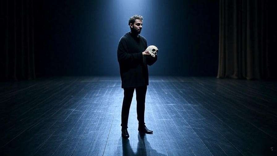Photorealistic Elizabethan stage with a lone actor as Hamlet holding a skull under a spotlight, evoking solitude and existential questioning.