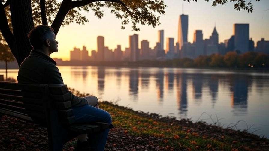 Photorealistic urban scene at sunrise with a person on a park bench by a river, reflecting on a city skyline, symbolizing emotional wellness