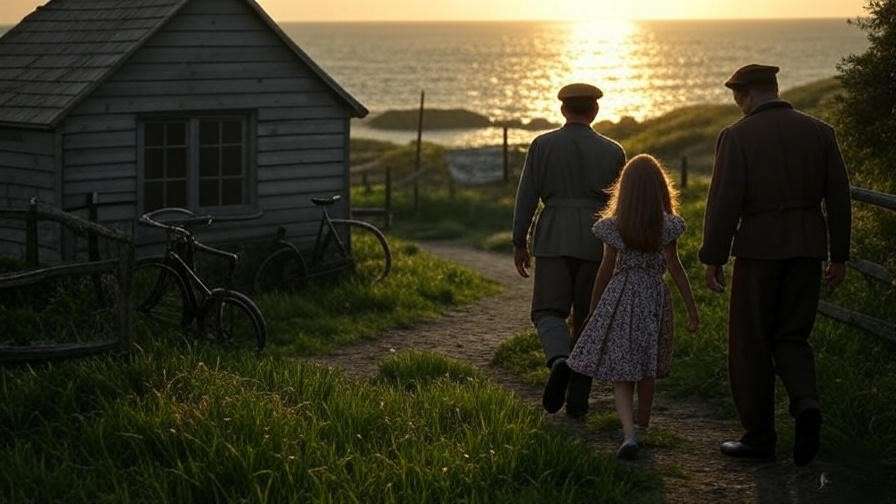 Serene countryside with a coastal house and sea at dusk, featuring a young girl and adults in 1940s wartime attire, symbolizing Number the Stars setting.
