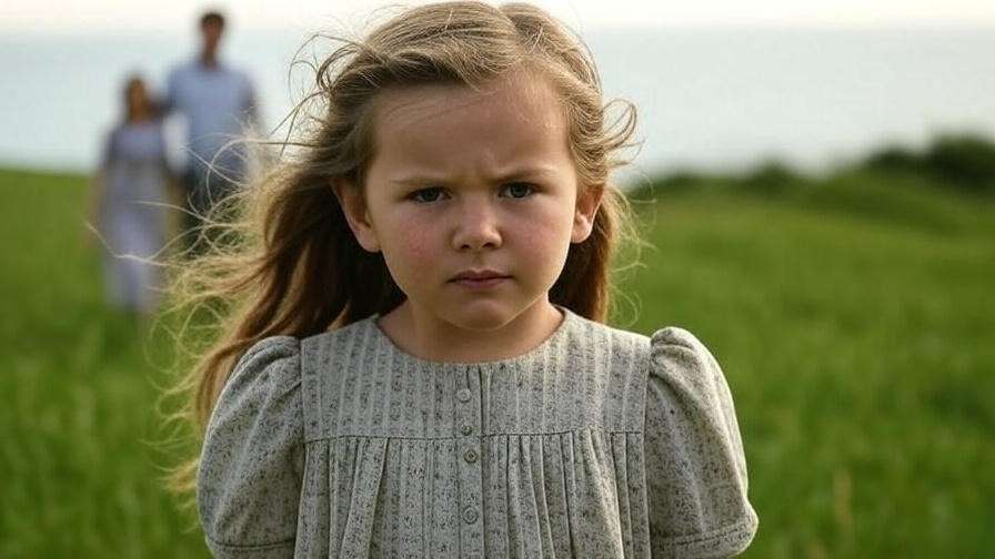 Young girl with determined expression in a grassy field by the sea, with blurred adults, representing courage in Number the Stars Chapter 7.