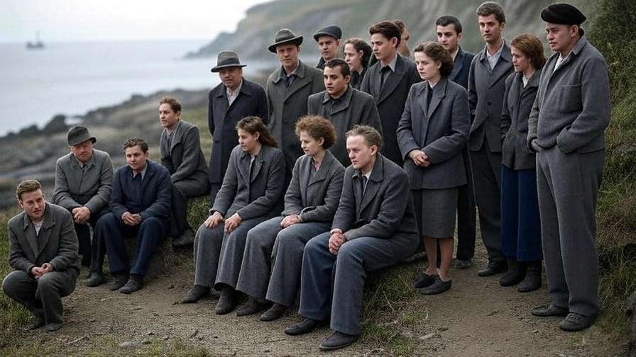 Group in 1940s clothing near a coastal path with a boat, depicting Danish Resistance in Number the Stars Chapter 7