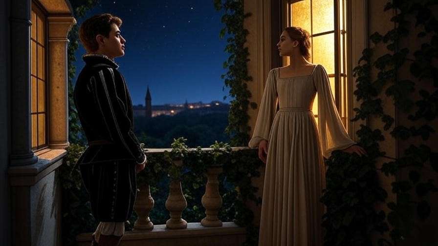 Moonlit balcony scene from Romeo and Juliet with Romeo gazing at Juliet, ivy-covered walls, and starry sky