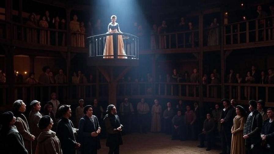 Elizabethan Globe Theatre scene with balcony performance from Romeo and Juliet under spotlight