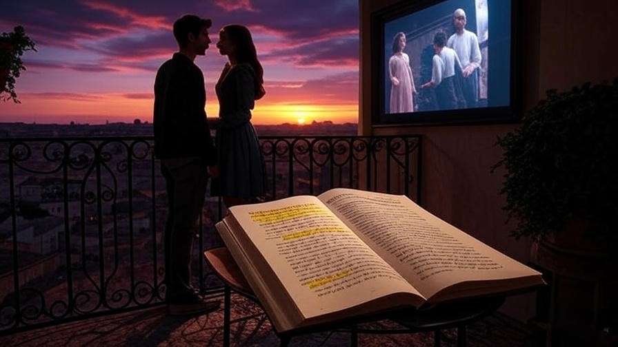 Collage of modern Romeo and Juliet balcony scene references with 1996 film and couple reciting.