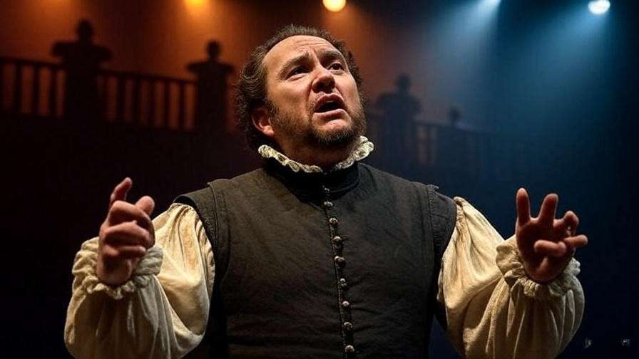 Theatrical performance of Romeo delivering line with dramatic lighting and balcony silhouette