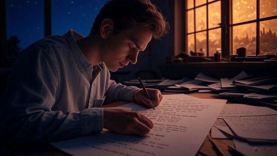 Creative writing scene with person composing poem under starry sky and glowing window
