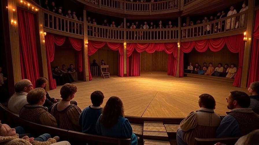 Candlelit Elizabethan theater stage with a balcony and minimal props, evoking a Romeo and Juliet performance, set at twilight with red curtains and a small audience in period attire