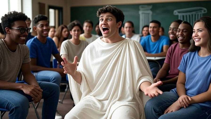 Diverse high school students in a classroom performing a Julius Caesar role play, with one student in a toga-like sheet gesturing passionately and others engaged in a circle.