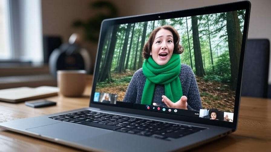 Cozy home office with a laptop showing a Zoom As You Like It role play, featuring a participant as Rosalind against a virtual forest background, with a notebook and coffee mug on the desk.