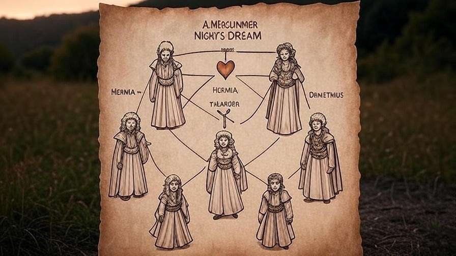 Hand-drawn-style character relationship map for A Midsummer Night’s Dream on parchment, showing connections between Hermia, Lysander, Demetrius, and Helena with icons for love and conflict