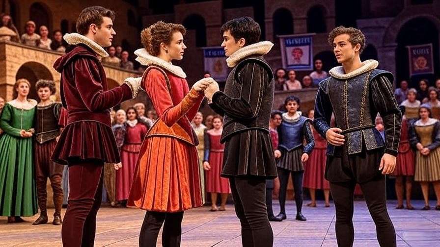 Theatrical stage scene of Romeo and Juliet with feuding Montague and Capulet crowd in Verona setting.