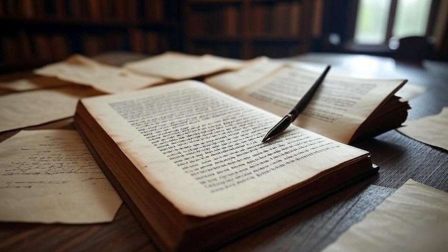 Close-up of an open Romeo and Juliet script with quill pen on a wooden table in a study.