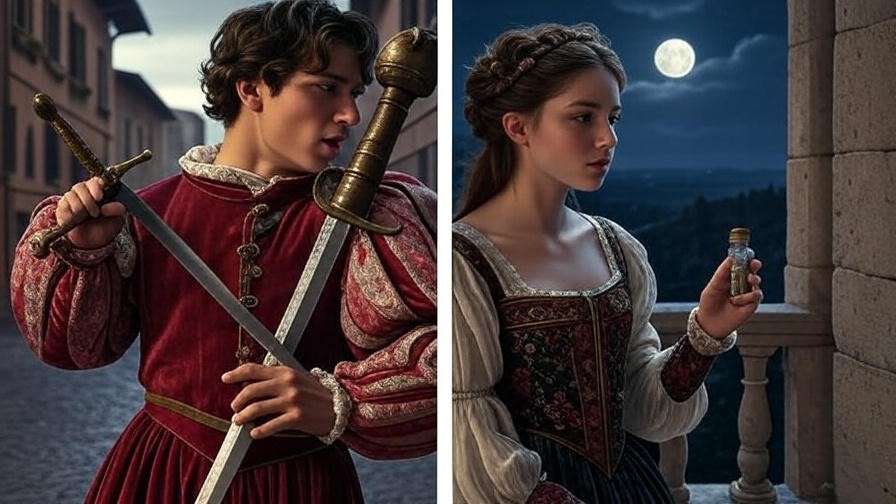 Split illustration of Romeo with sword and Juliet with vial in Verona and balcony setting
