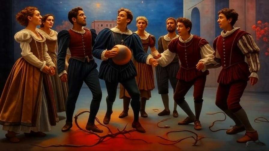 Artistic depiction of heart, dagger, and starry Verona sky symbolizing Romeo and Juliet themes.