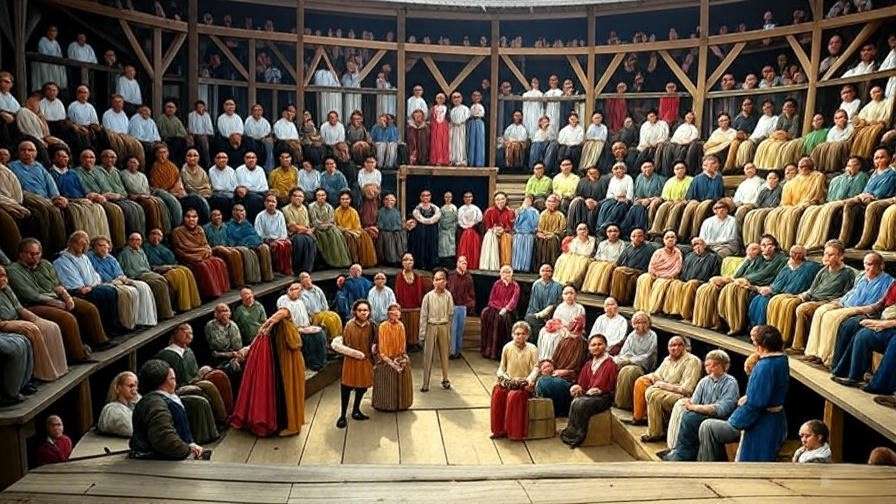 Vibrant Globe Theatre with diverse Elizabethan audience engaged in lively atmosphere.