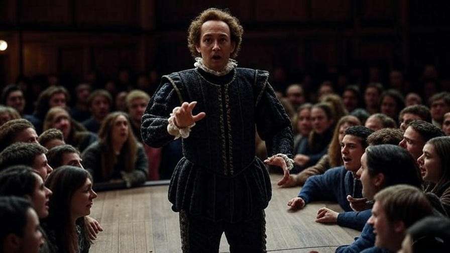Actor delivering soliloquy with engaged Elizabethan audience in intimate theatre setting