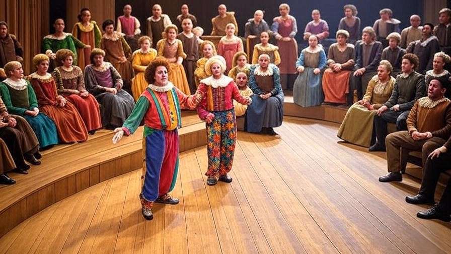 Clown improvising on stage with laughing Elizabethan audience in lively theatre