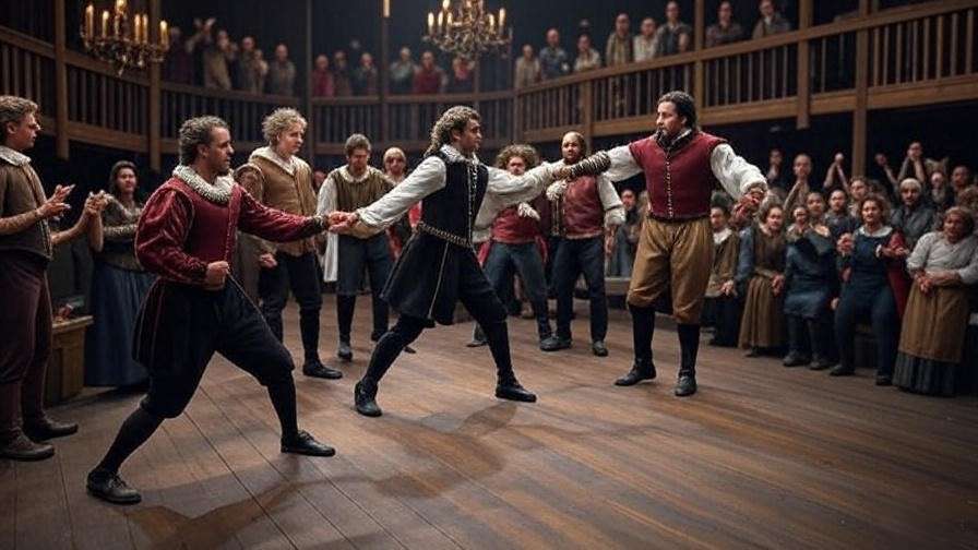 Dramatic battle scene with diverse Elizabethan audience reflecting social dynamics