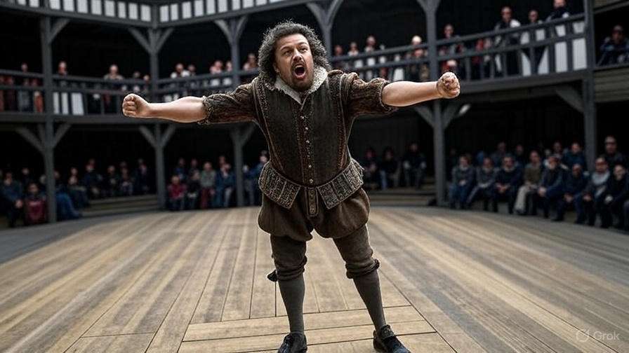 Elizabethan actors on Globe Theatre stage using physical gestures in Shakespeare performance