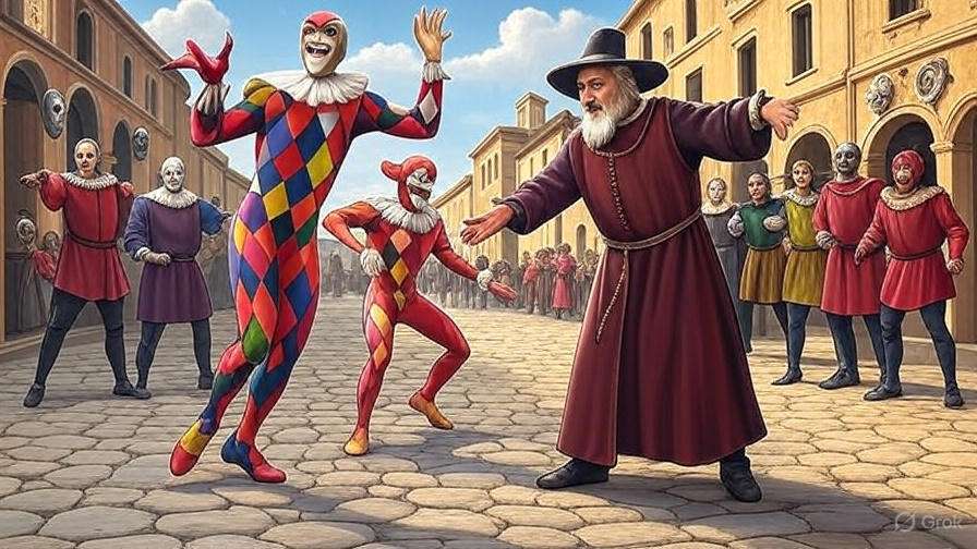 Commedia dell'Arte performers with exaggerated leaps and gestures influencing Shakespearean acting