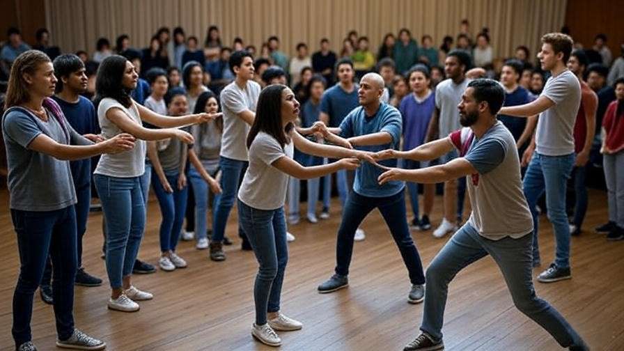 Theatre workshop with actors and audience practicing interactive techniques