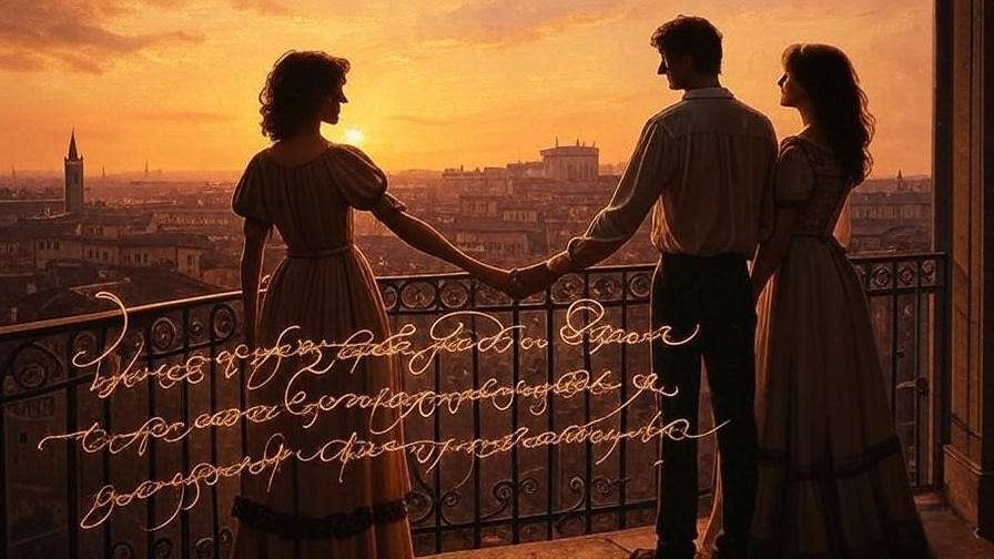 Sunset Verona silhouette of Romeo and Juliet with glowing script.