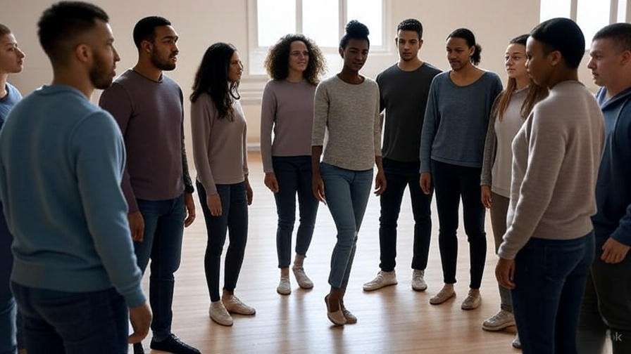 Actors in Shakespeare rehearsal using Viewpoints exercises for physical vocabulary building